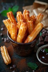 38. Cinnamon churros with chocolate dipping sauce, professional photography, studio lighting, studio background, advertising photography, elegant, minimalist design, hyper realistic, 8k
