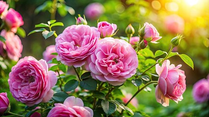 Obraz premium Delicate pink roses bloom amidst lush green foliage on a vibrant rose bush, showcasing intricate details and soft petals in a warm, natural light setting.