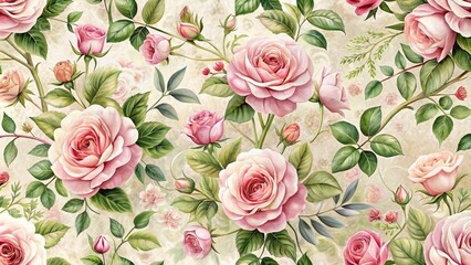 Delicate pink roses bloom amidst intricate floral patterns on a soft, creamy background, forming a seamless repeat design perfect for textiles, wallpaper, or other decorative elements.