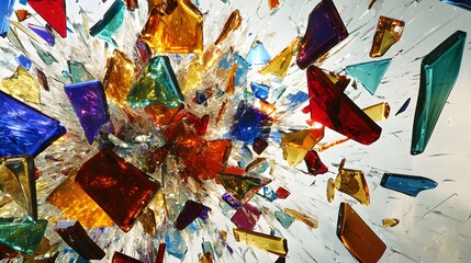 Shattered Glass in Color: A mid-air explosion of colored glass shards, capturing the moment of impact as the pieces scatter and reflect light.
