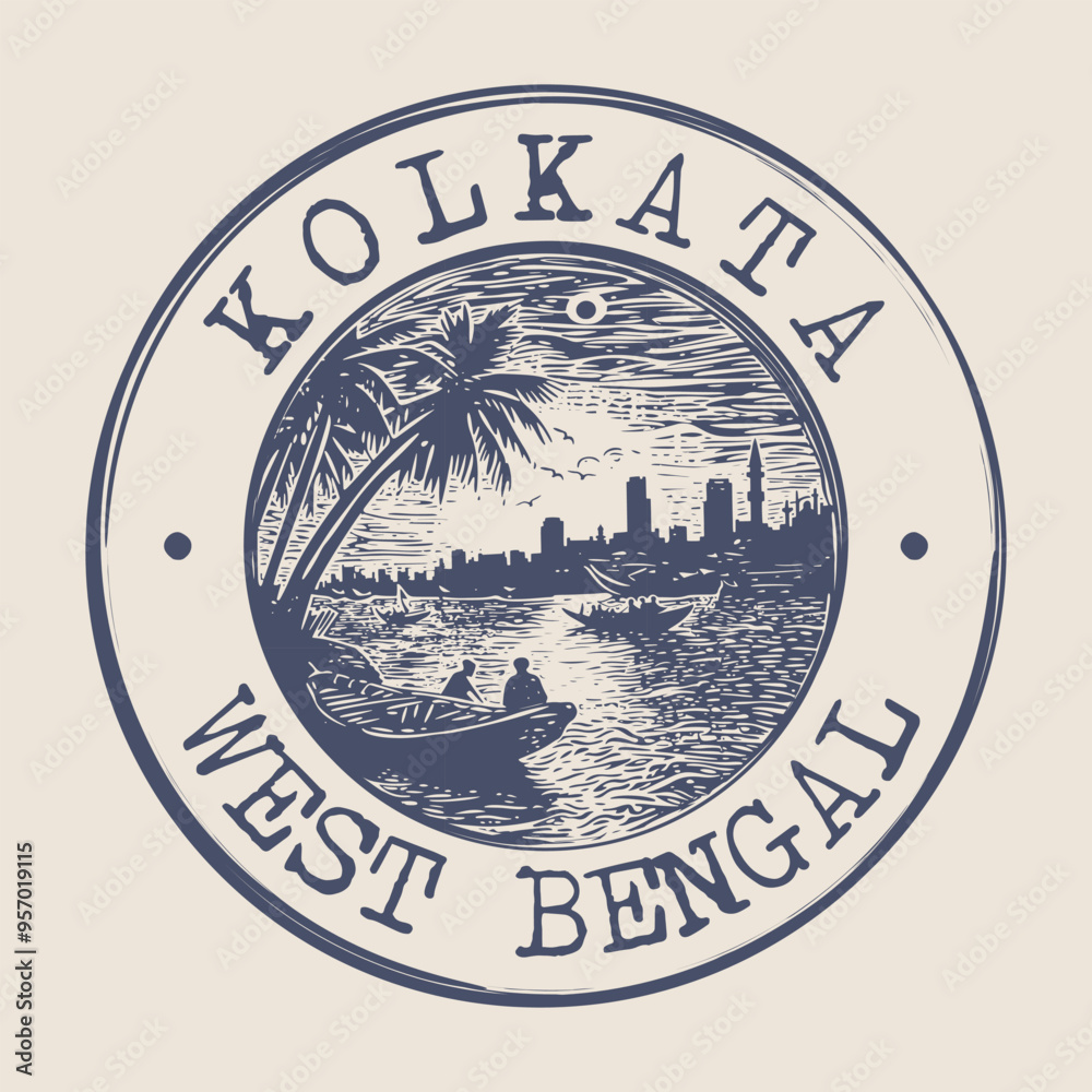 Sticker kolkata, india stamp city postmark. silhouette postal passport. round vector icon. vintage postage d