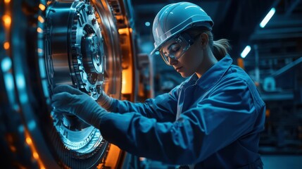 A wind turbine engineer in a futuristic industrial setting