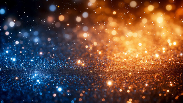 A digital background with glitter and bokeh lights in shades of blue, orange, and gold, creating an elegant and festive atmosphere.