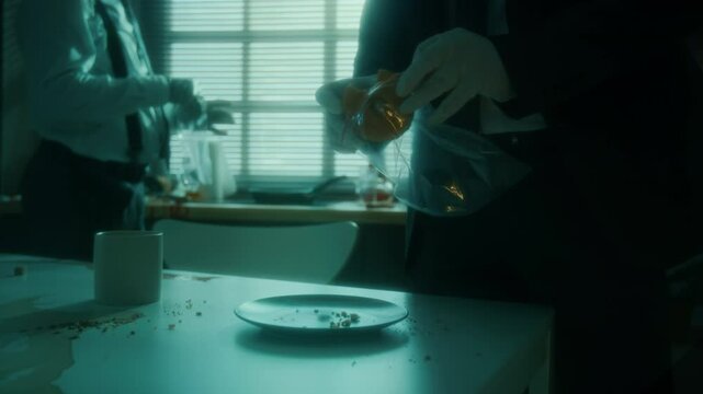 Close up shot of crime scene investigator in suit and gloves packing donut left on kitchen table into evidence bag, his colleague searching for clues in background