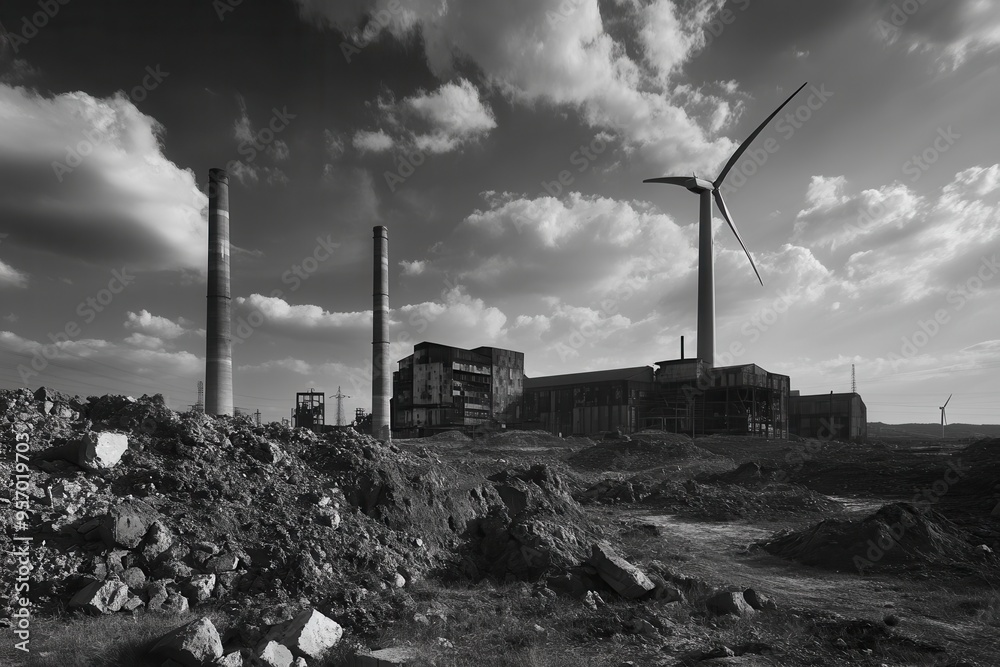 Aufkleber closed coal mines and old factories stand in contrast to new wind turbines, illustrating the shift t