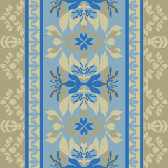 Blue and Light Brown color damask ikat seamless pattern