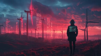 Capture a cyberpunk engineer at dusk, monitoring holographic data amidst spinning wind turbines in a futuristic wind farm Include a neon glow and a cinematic feel