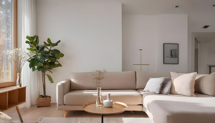  Minimalist Living Room with Beige Sofa, Large Plant, and Natural Light