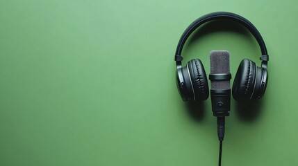 Elegant microphone and headphones on green background, perfect for music or podcast projects. Modern wireless design, top view perspective. Clean and customizable for various uses