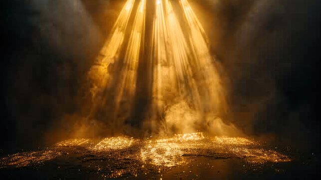 Dramatic and ethereal rays of golden light shining through hazy misty clouds in a mystical spiritual landscape  The powerful radiant beams create an atmosphere of wonder majesty and divine