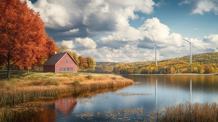 Fototapeta premium Serene Autumn Scene with Wind Turbines on Horizon