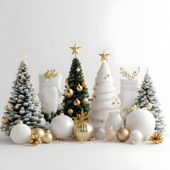 Elegant Christmas Arrangement with Sparkling Ornaments Lush Trees and Cozy Against Pristine White Backdrop