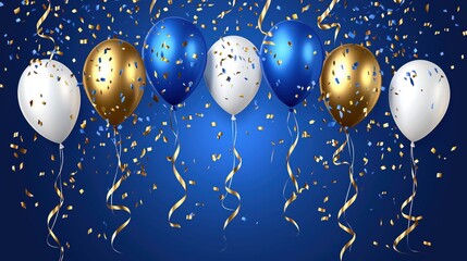 Fototapeta premium An elegant arrangement of blue, white, and gold balloons with festive confetti on a dark blue background, perfect for sophisticated celebrations