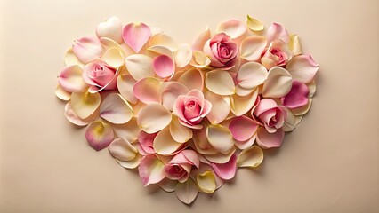 Obraz premium Delicate rose petals arranged in a heart shape on a soft, creamy background, evoking feelings of love, romance, and elegance in a serene, minimalist composition.