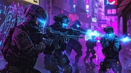 Cyberpunk SWAT Team Engaging in a City Street Firefight