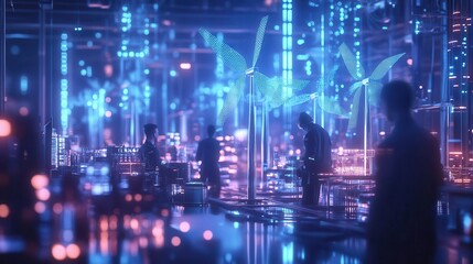 Craft a dynamic image of a futuristic high-tech lab, featuring engineers huddled around holographic wind turbine models floating mid-air amidst blue and white neon lights