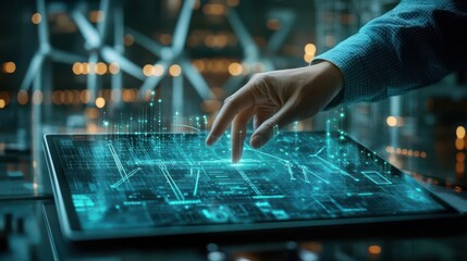 Craft a panoramic view of a digital tablet showcasing wind turbine schematics, an engineers hand manipulating a hologram overlay with a soft neon glow, in a cyber-tech style