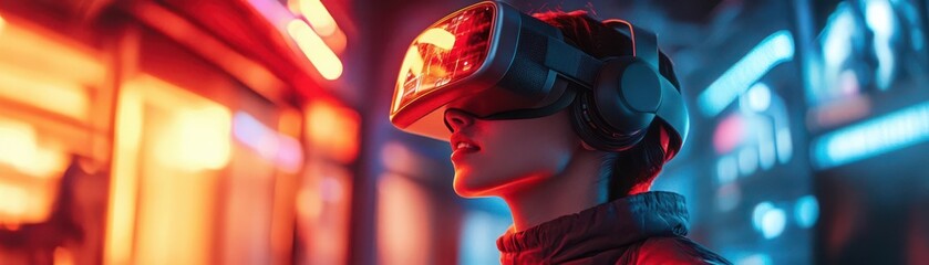 Craft a scene of an engineer in a high-tech VR lab, surrounded by neon lights, testing AI-driven wind turbine designs meticulously