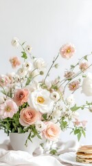 Fototapeta premium Elegant Floral Bouquet and Breakfast Spread on Pristine White Background