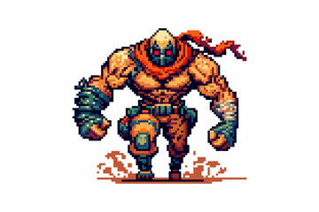 Dynamic pixel art illustration of a strong, masked warrior adorned with a red scarf, showcasing an action stance. Ideal for video game design and retro-style projects.