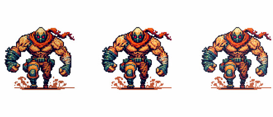 Dynamic pixel art illustration of a strong, masked warrior adorned with a red scarf, showcasing an action stance. Ideal for video game design and retro-style projects.