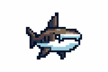 Colorful pixel art illustration of a shark on a white background. Perfect for gaming, retro design, and digital art projects.