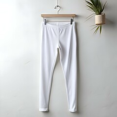 White leggings hanging on a wooden hanger against a clean white wall. perfect for showcasing your designs or creating fashion mockups.