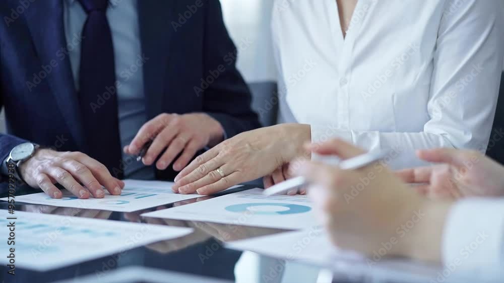 Wall mural Business people having meeting discussing contract details. Diverse group team, close up