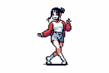 Obraz premium Pixel character girl in a pose of a dancing person, dressed in casual clothes, with a stylish hairstyle.