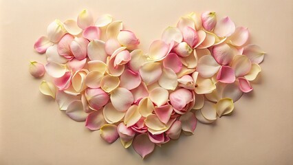 Obraz premium Delicate, soft-focus rose petals arranged in a romantic heart shape on a gentle, creamy background, exuding subtle elegance and tender, loving sentiment.