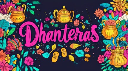 Fototapeta premium Vibrant hand-drawn doodle art celebrating Dhanteras with festive themes and colorful decor