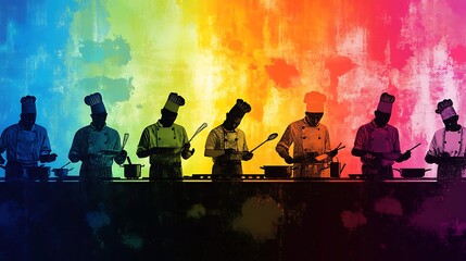 Culinary Creativity: Silhouette of Chefs Cooking in Vibrant Kitchen with Rainbow Backdrop