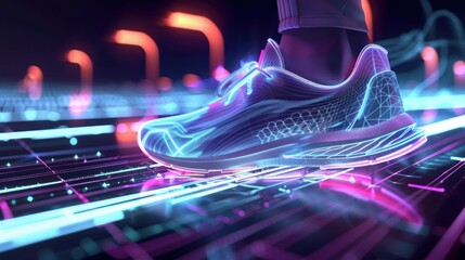 A shoe is shown in a digital image with a bright blue background