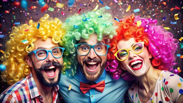 Three goofy friends wearing colorful wigs, glasses, and oversized mustaches, laughing and having a blast together, surrounded by confetti and party decorations.