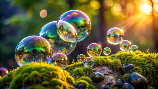 Delicate, transparent soap bubbles cluster on a moss-covered stone, radiating miniature rainbows and intricate, swirling patterns in a mesmerizing display of fragile, ephemeral beauty.