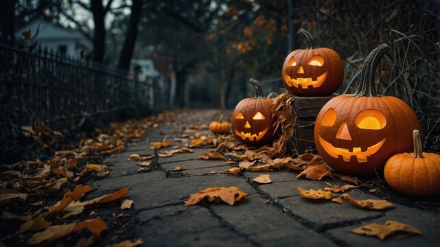 Fondo de pantalla de Halloween con calabazas en un bosque con hojas en el suelo. Calabazas en primer plano con luz