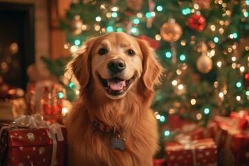 a golden retriever smiling a christmas tree, surrounded by gifts and twinkling lights, with a warm glow emanating from the room