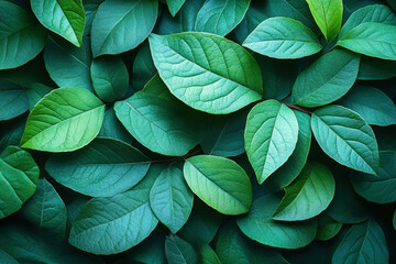 Fototapeta premium Emerald Tapestry: A mesmerizing background texture of lush, vibrant green leaves, arranged in a captivating pattern, evokes a sense of tranquility and natural beauty. 