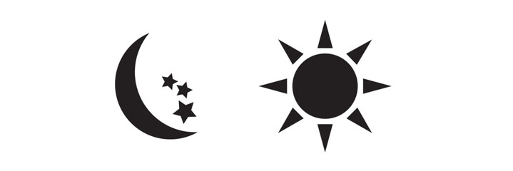 Time of the day signs. Rising and setting sun, crescent moon and stars, day and night time symbols. Vector illustration 