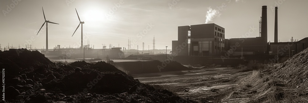 Poster Derelict factories and closed coal mines are juxtaposed with wind turbines, highlighting the region's transition to green energy. Generative AI