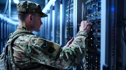 A man in a military uniform is standing in front of a computer server room