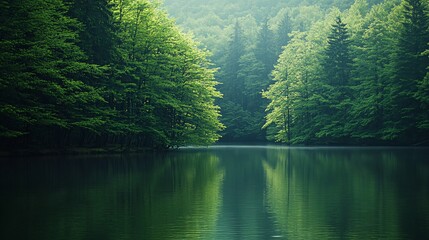 Fototapeta premium Still, green lake water reflecting lush forest trees on a foggy day.