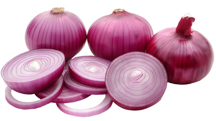 Set of purple onions and sliced ​​onions isolated on white background