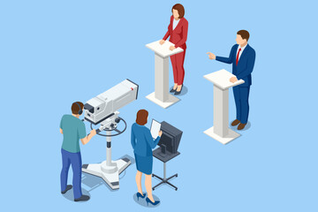 Isometric TV studio. Politicians Addresses an Election Campaign Rally. Expert Talk Politics, Science, News, Entertainment.