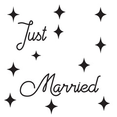 JUST MARRIED hand lettering, vector illustration. Hand drawn lettering card background. Modern handmade calligraphy. Hand drawn lettering element for your design. 