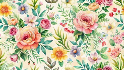 Delicate watercolor floral pattern repeats seamlessly, featuring colorful blooms and lush greenery on a soft, creamy background, perfect for textures, wallpapers, and design elements.