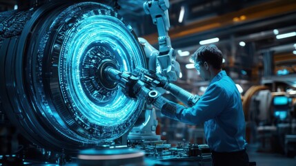 Fototapeta premium Neon blue lights illuminate a futuristic industrial scene where a wind turbine engineer operates a robotic arm to assemble turbine parts The shot is a long