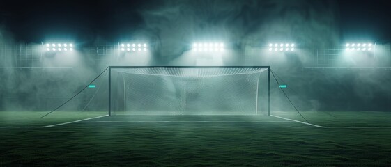 A foggy soccer field is illuminated under bright stadium lights, casting an eerie glow over the empty goalpost.