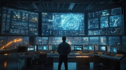 Produce an image of an Engineer at a wind farms control room from above