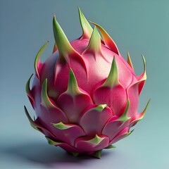 A vibrant pink dragon fruit with green scales stands out against a soft blue background.